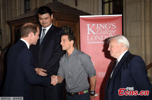 Prince William (L) meets explorer Bear Grylls(C), naturalist David Attenborough, and retired Chinese basketball player Yao Ming, prior to delivering a speech on the illegal wildlife Trade For China Central Television, at King's College, in London on Monday, Oct. 19, 2015. (Photo/Agencies) Prince William (L) meets explorer Bear Grylls(C), naturalist David Attenborough, and retired Chinese basketball player Yao Ming, prior to delivering a speech on the illegal wildlife Trade For China Central Television, at King's College, in London on Monday, Oct. 19, 2015. (Photo/Agencies)