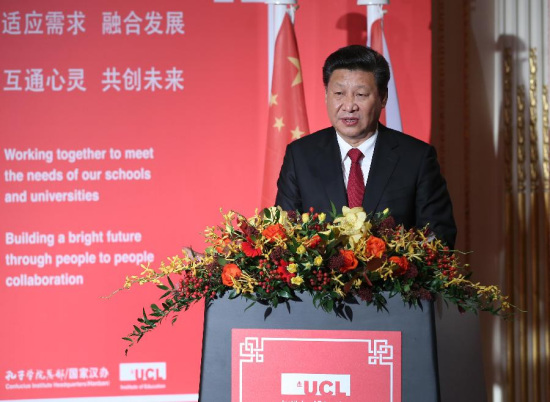 hinese President Xi Jinping addresses the opening ceremony of an annual conference of UK Confucius Institutes and Confucius Classrooms in London, Britain, Oct. 22, 2015. (Photo: Xinhua/Pang Xinglei) hinese President Xi Jinping addresses the opening ceremony of an annual conference of UK Confucius Institutes and Confucius Classrooms in London, Britain, Oct. 22, 2015. (Photo: Xinhua/Pang Xinglei)