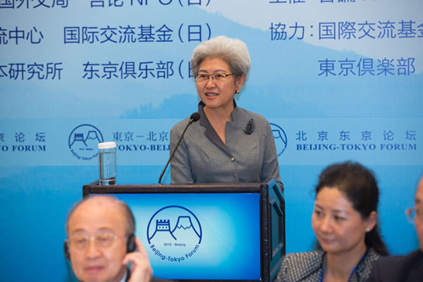 Fu Ying, chairwoman of the Foreign Affairs Committee of the National People's Congress, makes a speech at a Saturday luncheon of the 11th semiofficial Beijing-Tokyo Forum, in Beijing, Oct 24, 2015. (Photo/huanqiu.com) Fu Ying, chairwoman of the Foreign Affairs Committee of the National People's Congress, makes a speech at a Saturday luncheon of the 11th semiofficial Beijing-Tokyo Forum, in Beijing, Oct 24, 2015. (Photo/huanqiu.com)