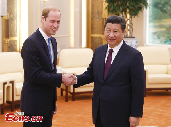 President Xi Jinping meets with Britain's Prince William at the Great Hall of the People in Beijing, March 2, 2015. (Photo/China News Service) President Xi Jinping meets with Britain's Prince William at the Great Hall of the People in Beijing, March 2, 2015. (Photo/China News Service)