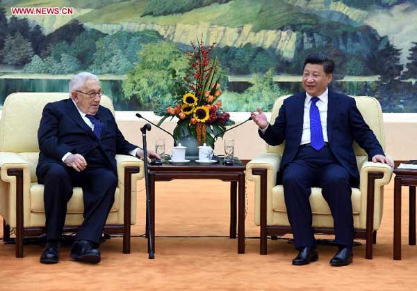 Chinese President Xi Jinping (R) meets with former US Secretary of State Henry Kissinger, who is leading a US delegation for the fifth meeting of the China-US Track Two High-Level Dialogue in Beijing, China, Nov 2, 2015. (Photo/Xinhua) Chinese President Xi Jinping (R) meets with former US Secretary of State Henry Kissinger, who is leading a US delegation for the fifth meeting of the China-US Track Two High-Level Dialogue in Beijing, China, Nov 2, 2015. (Photo/Xinhua)