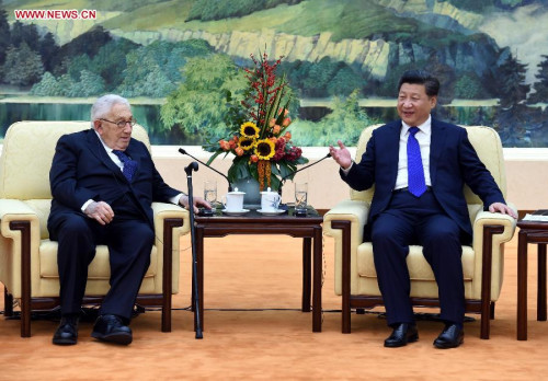 Chinese President Xi Jinping (R) meets with former U.S. Secretary of State Henry Kissinger, who is leading a U.S. delegation for the fifth meeting of the China-U.S. Track Two High-Level Dialogue in Beijing, China, Nov. 2, 2015. (Photo: Xinhua/Rao Aimin) Chinese President Xi Jinping (R) meets with former U.S. Secretary of State Henry Kissinger, who is leading a U.S. delegation for the fifth meeting of the China-U.S. Track Two High-Level Dialogue in Beijing, China, Nov. 2, 2015. (Photo: Xinhua/Rao Aimin)