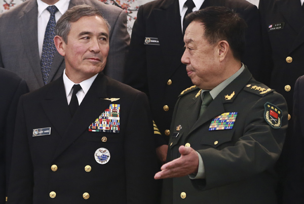 Fan Changlong (right), vice-chairman of the Central Military Commission, meets with Admiral Harry Harris, commander of the US Pacific Command, on Tuesday in Beijing. Fan expressed the hope that the two sides could build further trust. (Photo: China Daily/Feng Yongbin) Fan Changlong (right), vice-chairman of the Central Military Commission, meets with Admiral Harry Harris, commander of the US Pacific Command, on Tuesday in Beijing. Fan expressed the hope that the two sides could build further trust. (Photo: China Daily/Feng Yongbin)