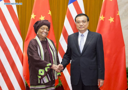 Chinese Premier Li Keqiang (R) meets with Liberian President Ellen Johnson-Sirleaf at the Great Hall of the People in Beijing, capital of China, Nov. 5, 2015.(Photo: Xinhua/Huang Jingwen) Chinese Premier Li Keqiang (R) meets with Liberian President Ellen Johnson-Sirleaf at the Great Hall of the People in Beijing, capital of China, Nov. 5, 2015.(Photo: Xinhua/Huang Jingwen)