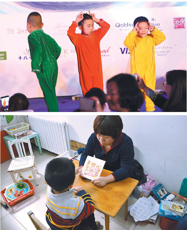 Top: Children at Beijing Stars and Rain Education Institute for Autism stage a performance during a charity banquet in Beijing. Above: A teacher at Beijing Stars and Rain Education Institute for Autism provides one-on-one coaching to a child. Photos provided to China Daily Top: Children at Beijing Stars and Rain Education Institute for Autism stage a performance during a charity banquet in Beijing. Above: A teacher at Beijing Stars and Rain Education Institute for Autism provides one-on-one coaching to a child. Photos provided to China Daily