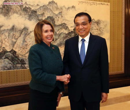 Chinese Premier Li Keqiang (R) meets with the U.S. House of Representatives Minority Leader Nancy Pelosi, who has led a U.S. congressional delegation to China, in Beijing, capital of China, Nov. 13, 2015. (Photo: Xinhua/Liu Weibing) Chinese Premier Li Keqiang (R) meets with the U.S. House of Representatives Minority Leader Nancy Pelosi, who has led a U.S. congressional delegation to China, in Beijing, capital of China, Nov. 13, 2015. (Photo: Xinhua/Liu Weibing)