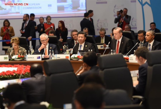 Chinese President Xi Jinping attends the first session of the 10th summit of the Group of Twenty (G20) major economies in Antalya, Turkey, Nov. 15, 2015. (Xinhua/Li Xueren)