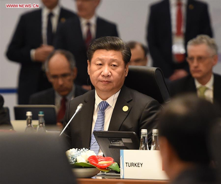 Chinese President Xi Jinping attends the first session of the 10th summit of the Group of Twenty (G20) major economies in Antalya, Turkey, Nov. 15, 2015. (Xinhua/Li Xueren) Chinese President Xi Jinping attends the first session of the 10th summit of the Group of Twenty (G20) major economies in Antalya, Turkey, Nov. 15, 2015. (Xinhua/Li Xueren)
