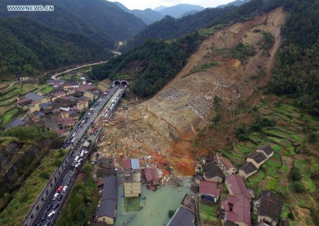 An aerial photo taken on Nov. 14, 2015 shows the site of a landslide in Lidong Village of Yaxi Township in Lishui, east China's Zhejiang Province. (Photo:Xinhua/Han Chuanhao) An aerial photo taken on Nov. 14, 2015 shows the site of a landslide in Lidong Village of Yaxi Township in Lishui, east China's Zhejiang Province. (Photo:Xinhua/Han Chuanhao)