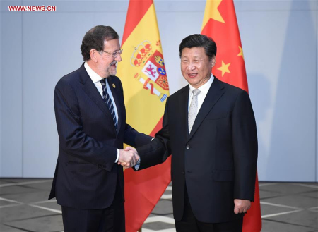 Chinese President Xi Jinping (R) meets with Spain's Prime Minister Mariano Rajoy in Antalya, Turkey, Nov. 16, 2015. (Xinhua/Zhang Duo) Chinese President Xi Jinping (R) meets with Spain's Prime Minister Mariano Rajoy in Antalya, Turkey, Nov. 16, 2015. (Xinhua/Zhang Duo)