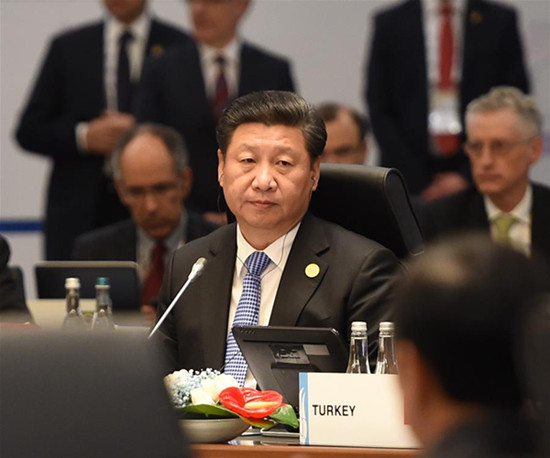Chinese President Xi Jinping attends the first session of the 10th summit of the Group of Twenty (G20) major economies in Antalya, Turkey, Nov. 15, 2015. (Xinhua/Li Xueren) Chinese President Xi Jinping attends the first session of the 10th summit of the Group of Twenty (G20) major economies in Antalya, Turkey, Nov. 15, 2015. (Xinhua/Li Xueren)