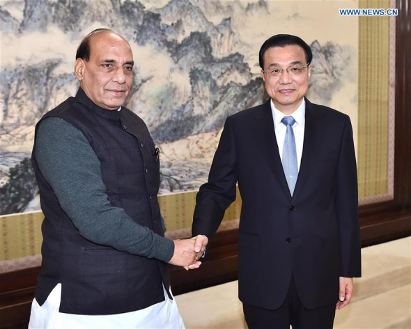Chinese Premier Li Keqiang (R) meets with India's Minister of Home Affairs Rajnath Singh in Beijing, capital of China, Nov. 19, 2015. (Photo; Xinhua/Li Tao) Chinese Premier Li Keqiang (R) meets with India's Minister of Home Affairs Rajnath Singh in Beijing, capital of China, Nov. 19, 2015. (Photo; Xinhua/Li Tao)