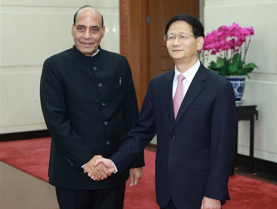 Meng Jianzhu (R), head of the Commission for Political and Legal Affairs of the Communist Party of China Central Committee, shakes hands with Indian Home Affairs Minister Rajnath Singh in Beijing, China, Nov. 20, 2015. (Xinhua/Ding Haitao) Meng Jianzhu (R), head of the Commission for Political and Legal Affairs of the Communist Party of China Central Committee, shakes hands with Indian Home Affairs Minister Rajnath Singh in Beijing, China, Nov. 20, 2015. (Xinhua/Ding Haitao)