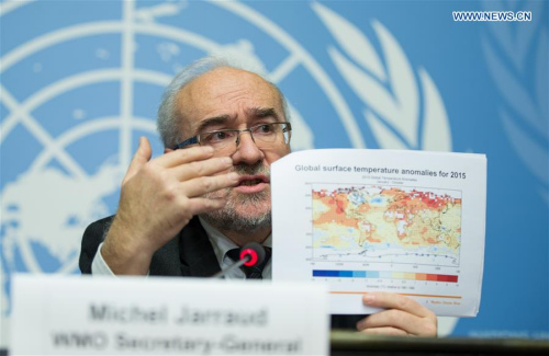 Michel Jarraud, Secretary-General of World Meteorological Organization (WMO) , shows a graphic at a press conference in Geneva, Switzerland, Nov. 25, 2015. (Xinhua/Xu Jinquan) Michel Jarraud, Secretary-General of World Meteorological Organization (WMO) , shows a graphic at a press conference in Geneva, Switzerland, Nov. 25, 2015. (Xinhua/Xu Jinquan)