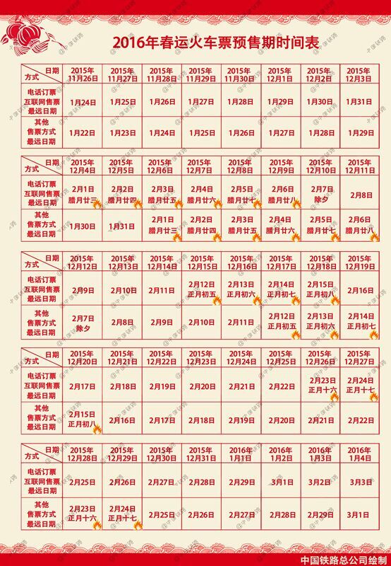 The pre-sales timetable for train tickets of the 2016 Spring Festival travel in China is published on china-railway.com.cn. The pre-sales timetable for train tickets of the 2016 Spring Festival travel in China is published on china-railway.com.cn.
