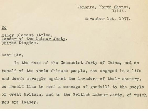 The file photo shows a fragment of a letter from China's Mao Zedong to former Labour Prime Minister Clement Atlee in 1937. The file photo shows a fragment of a letter from China's Mao Zedong to former Labour Prime Minister Clement Atlee in 1937.