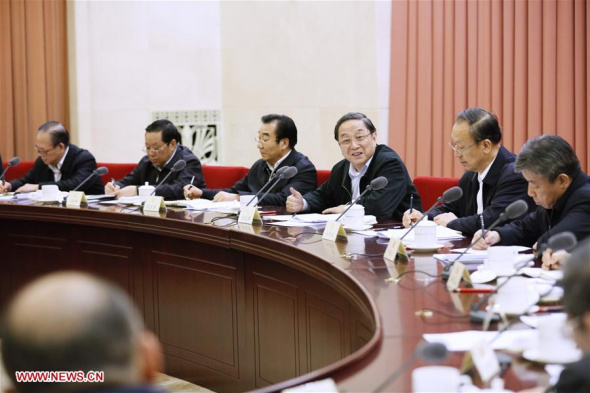 Yu Zhengsheng (3rd R), chairman of the National Committee of the Chinese People's Political Consultative Conference (CPPCC), presides over a bi-weekly consultation session of the CPPCC on generic drugs, in Beijing, capital of China, Dec. 3, 2015. (Photo/xinhua)