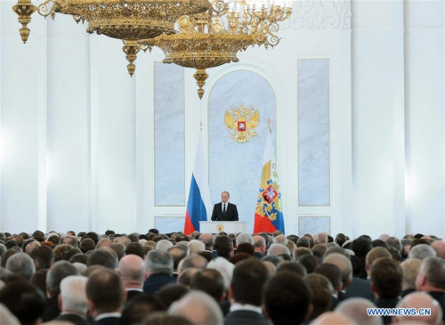 Russian President Vladimir Putin delivers his annual State of the Union address to the Federal Assembly in the Kremlin, Moscow, Russia, on Dec. 3, 2015.  (Xinhua/Sputnik)