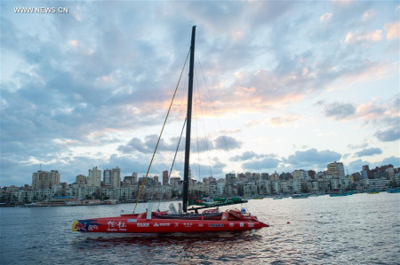 The super trimaran Qingdao China anchors at a wharf in Alexandria, Egypt, Dec. 11, 2015. The super trimaran Qingdao China harbored on Friday in the Mediterranean port of Alexandria in Egypt as a stop in its journey along the 21st Century Maritime Silk Road. (Xinhua/Meng Tao)