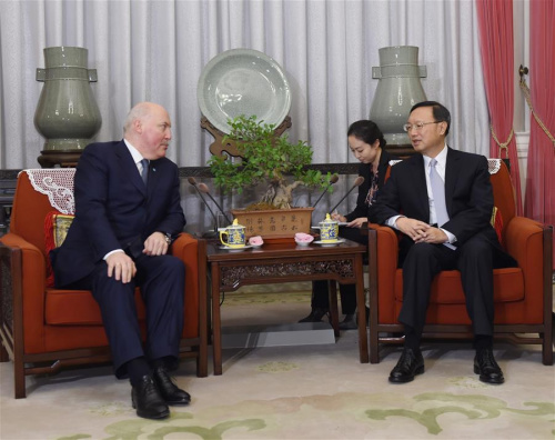 Chinese State Councilor Yang Jiechi (R) meets with outgoing Secretary-General of the Shanghai Cooperation Organization (SCO) Dmitry Mezentsev in Beijing, capital of China, Dec. 29, 2015. (Photo: Xinhua/Wang Ye) Chinese State Councilor Yang Jiechi (R) meets with outgoing Secretary-General of the Shanghai Cooperation Organization (SCO) Dmitry Mezentsev in Beijing, capital of China, Dec. 29, 2015. (Photo: Xinhua/Wang Ye)