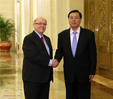 Zhang Dejiang (R), chairman of the Standing Committee of China's National People's Congress (NPC), holds talks with Canadian Speaker of the Senate George Furey in Beijing, capital of China, Jan. 4, 2016. (Xinhua/Liu Weibing) Zhang Dejiang (R), chairman of the Standing Committee of China's National People's Congress (NPC), holds talks with Canadian Speaker of the Senate George Furey in Beijing, capital of China, Jan. 4, 2016. (Xinhua/Liu Weibing)