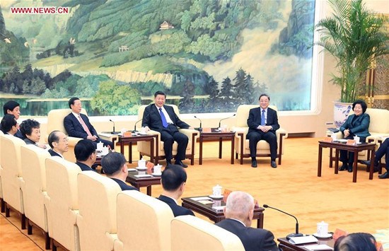 Chinese PresidentXi Jinping(3rd R, rear), also general secretary of the Communist Party of China (CPC) Central Committee,Yu Zhengsheng(2nd R rear), chairman of the National Committee of the Chinese People's Political Consultative Conference, and Vice PremierZhang Gaoli(4th R, rear) attend a gathering extending Lunar New Year's greetings to all people from non-communist parties, the All-China Federation of Industry and Commerce, and those without party affiliations, in Beijing, capital of China, Jan. 29, 2016. (Xinhua/Yao Dawei) Chinese PresidentXi Jinping(3rd R, rear), also general secretary of the Communist Party of China (CPC) Central Committee,Yu Zhengsheng(2nd R rear), chairman of the National Committee of the Chinese People's Political Consultative Conference, and Vice PremierZhang Gaoli(4th R, rear) attend a gathering extending Lunar New Year's greetings to all people from non-communist parties, the All-China Federation of Industry and Commerce, and those without party affiliations, in Beijing, capital of China, Jan. 29, 2016. (Xinhua/Yao Dawei)