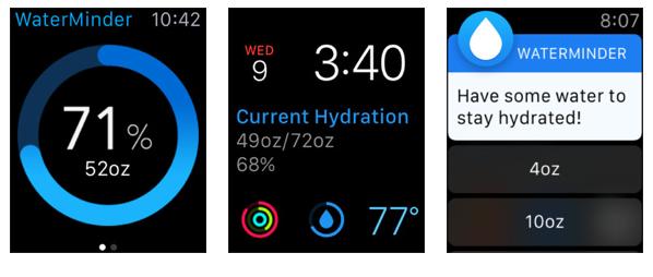 Screenshots show the user interfaces of Waterminder on the Apple Watch. (Photo/chinadaily.com.cn) Screenshots show the user interfaces of Waterminder on the Apple Watch. (Photo/chinadaily.com.cn)