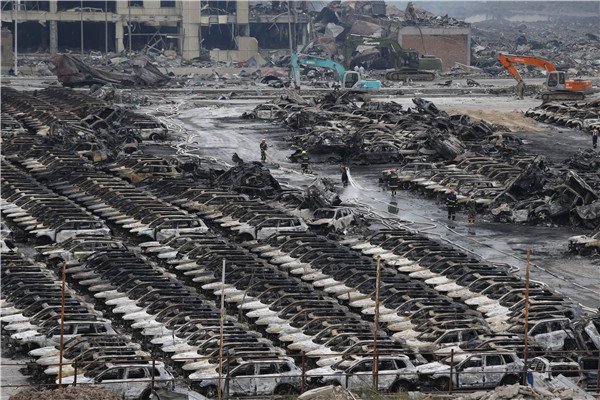 Vehicles damaged in explosions at the Port of Tianjin in August last year. Hundreds of the affected vehicles sold at auction recently.(Photo: China Daily/Chen Zhuo) Vehicles damaged in explosions at the Port of Tianjin in August last year. Hundreds of the affected vehicles sold at auction recently.(Photo: China Daily/Chen Zhuo)