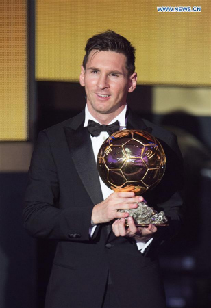 Argentine football star Lionel Messi poses with trophy after winning 2015 FIFA Ballon d'Or for the best player at the annual FIFA Ballon d'Or gala in Zurich, Switzerland, on Jan. 11, 2016. (Photo/Xinhua) Argentine football star Lionel Messi poses with trophy after winning 2015 FIFA Ballon d'Or for the best player at the annual FIFA Ballon d'Or gala in Zurich, Switzerland, on Jan. 11, 2016. (Photo/Xinhua)
