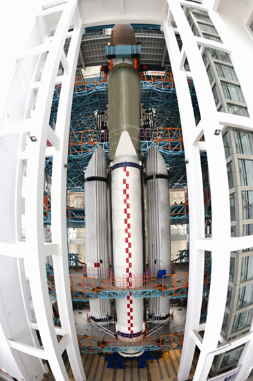 The Long March 5 is shown in this undated picture being tested at the Wenchang Satellite Launch Center in Hainan province.(Photo by Sun Hao/China Daily)