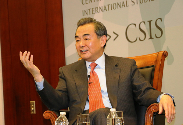 Chinese Foreign Minister Wang Yi talks about China-US relations and China's economic development in the Statemen's Forum at the Center for Strategic and International Studies in Washington on Thursday. (Photo by Chen Weihua/China Daily) Chinese Foreign Minister Wang Yi talks about China-US relations and China's economic development in the Statemen's Forum at the Center for Strategic and International Studies in Washington on Thursday. (Photo by Chen Weihua/China Daily)