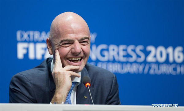 New FIFA president Gianni Infantino attends his first press conference following his election in Zurich, Switzerland, Feb. 26, 2016. (Xinhua/Xu Jinquan) New FIFA president Gianni Infantino attends his first press conference following his election in Zurich, Switzerland, Feb. 26, 2016. (Xinhua/Xu Jinquan)
