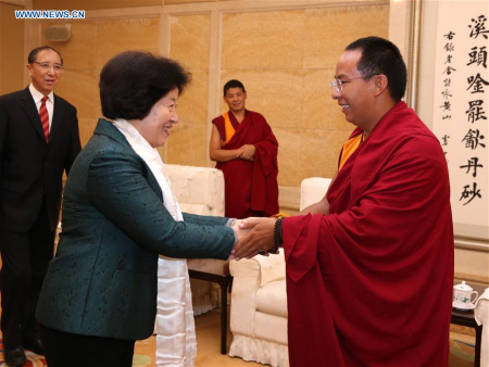 Sun Chunlan (L front), member of the Political Bureau of the Communist Party of China (CPC) Central Committee and head of the United Front Work Department of the CPC Central Committee, meets with the 11th Panchen Lama Bainqen Erdini Qoigyijabu, in Beijing, capital of China, March 1, 2016. (Xinhua/Pang Xinglei) Sun Chunlan (L front), member of the Political Bureau of the Communist Party of China (CPC) Central Committee and head of the United Front Work Department of the CPC Central Committee, meets with the 11th Panchen Lama Bainqen Erdini Qoigyijabu, in Beijing, capital of China, March 1, 2016. (Xinhua/Pang Xinglei)