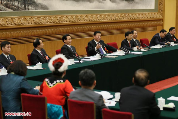 Chinese President Xi Jinping joins a group deliberation of deputies from Heilongjiang Province to the annual session of the National People's Congress in Beijing, capital of China, March 7, 2016. (Xinhua/Lan Hongguang) Chinese President Xi Jinping joins a group deliberation of deputies from Heilongjiang Province to the annual session of the National People's Congress in Beijing, capital of China, March 7, 2016. (Xinhua/Lan Hongguang)