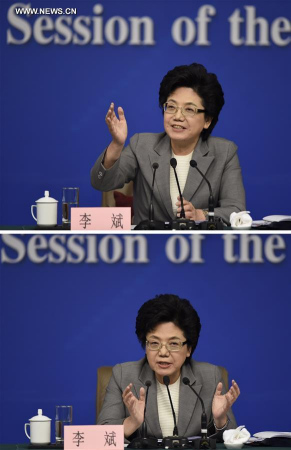 The combined photo shows Li Bin, minister in charge of the National Health and Family Planning Commission, answering questions at a press conference on China's two-child policy on the sidelines of the fourth session of China's 12th National People's Congress in Beijing, capital of China, March 8, 2016. (Photo: Xinhua/Chen Yichen) The combined photo shows Li Bin, minister in charge of the National Health and Family Planning Commission, answering questions at a press conference on China's two-child policy on the sidelines of the fourth session of China's 12th National People's Congress in Beijing, capital of China, March 8, 2016. (Photo: Xinhua/Chen Yichen)