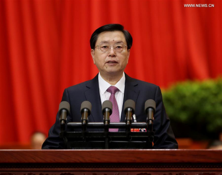 Zhang Dejiang, chairman of the Standing Committee of China's National People's Congress (NPC), delivers a report on the work of the NPC Standing Committee during the second plenary meeting of the fourth session of the 12th NPC at the Great Hall of the People in Beijing, capital of China, March 9, 2016. (Xinhua/Yao Dawei) Zhang Dejiang, chairman of the Standing Committee of China's National People's Congress (NPC), delivers a report on the work of the NPC Standing Committee during the second plenary meeting of the fourth session of the 12th NPC at the Great Hall of the People in Beijing, capital of China, March 9, 2016. (Xinhua/Yao Dawei)