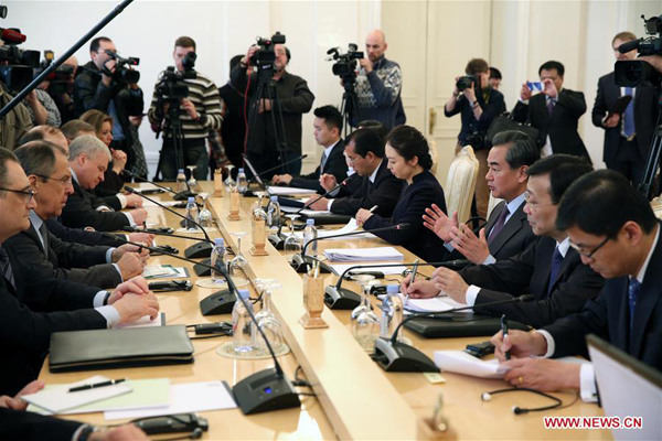 Visiting Chinese Foreign Minister Wang Yi (3rd R) holds talks with his Russian counterpart Sergei Lavrov (2nd L) in Moscow, Russia, on March 11, 2016. (Xinhua/Bai Xueqi) Visiting Chinese Foreign Minister Wang Yi (3rd R) holds talks with his Russian counterpart Sergei Lavrov (2nd L) in Moscow, Russia, on March 11, 2016. (Xinhua/Bai Xueqi)