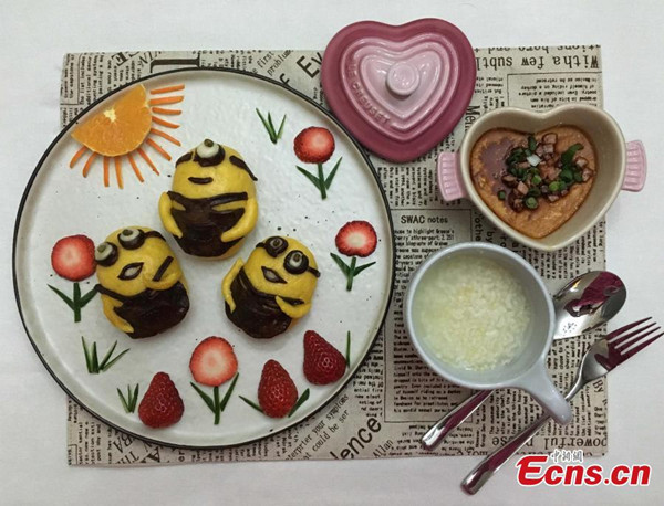 The photo taken on March 10, 2016 shows the creative breakfast made by Wang Jing, a housewife from southwest China's Chongqing Municipality. Wang Jing resigned from a foreign company at the beginning of 2015 and started to make creative meals for her daughter. Since then, she has made 232 different types of breakfast dishes. (Photo provided to China News Service) The photo taken on March 10, 2016 shows the creative breakfast made by Wang Jing, a housewife from southwest China's Chongqing Municipality. Wang Jing resigned from a foreign company at the beginning of 2015 and started to make creative meals for her daughter. Since then, she has made 232 different types of breakfast dishes. (Photo provided to China News Service)