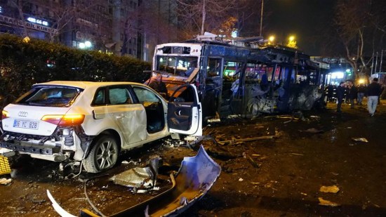 Photo taken on March 13, 2016 shows the explosion site at Kizilay square in Ankara, Turkey. An explosion hit downtown Ankara Sunday killing at least 27 people and injuring 75 others, Turkish sources told Xinhua. (Xinhua/Mustafa Kaya) Photo taken on March 13, 2016 shows the explosion site at Kizilay square in Ankara, Turkey. An explosion hit downtown Ankara Sunday killing at least 27 people and injuring 75 others, Turkish sources told Xinhua. (Xinhua/Mustafa Kaya)