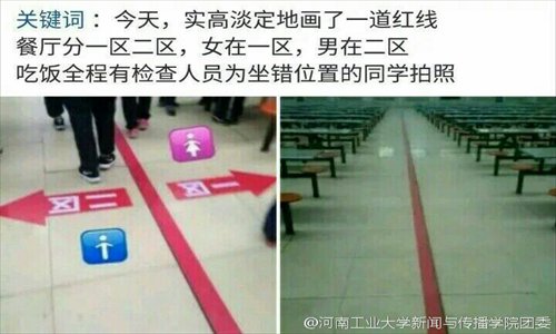 A red line designates areas for male and female students in the cafeteria of the Ruyang Experimental High School in Henan Province. (Photo: Sina Weibo/Henan University of Technology) A red line designates areas for male and female students in the cafeteria of the Ruyang Experimental High School in Henan Province. (Photo: Sina Weibo/Henan University of Technology)