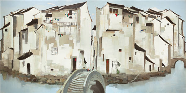 Wu Guanzhong's oil painting Zhouzhuang, based on a pencil sketch from 1985, was done after several visits to a peaceful water town in Jiangsu province. Wu Guanzhong's oil painting Zhouzhuang, based on a pencil sketch from 1985, was done after several visits to a peaceful water town in Jiangsu province.