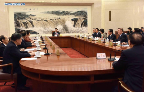 Zhang Dejiang, executive chairperson of the presidium of the fourth session of China's 12th National People's Congress (NPC) and chairman of the NPC Standing Committee, presides over the third meeting of the presidium's executive chairpersons at the Great Hall of the People in Beijing, capital of China, March 15, 2016. (Xinhua/Rao Aimin) Zhang Dejiang, executive chairperson of the presidium of the fourth session of China's 12th National People's Congress (NPC) and chairman of the NPC Standing Committee, presides over the third meeting of the presidium's executive chairpersons at the Great Hall of the People in Beijing, capital of China, March 15, 2016. (Xinhua/Rao Aimin)