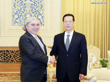 Chinese Vice Premier Zhang Gaoli (R) meets with U.S. Secretary of Energy Ernest Moniz in Beijing, capital of China, March 16, 2016. (Xinhua/Ding Lin) Chinese Vice Premier Zhang Gaoli (R) meets with U.S. Secretary of Energy Ernest Moniz in Beijing, capital of China, March 16, 2016. (Xinhua/Ding Lin)