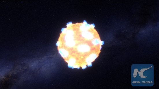 The brilliant flash of an exploding star's shockwave -- what astronomers call the shock breakout -- is illustrated in this photo. (NASA) The brilliant flash of an exploding star's shockwave -- what astronomers call the shock breakout -- is illustrated in this photo. (NASA)