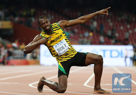 Usain Bolt is celebrating 200m win at Beijing athletics world championships on Aug. 27, 2015. (Xinhua) Usain Bolt is celebrating 200m win at Beijing athletics world championships on Aug. 27, 2015. (Xinhua)
