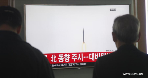 South Koreans watch a report of short-range projectiles fired by the Democratic People's Republic of Korea (DPRK) at Seoul railway station in Seoul, capital of South Korea, on March 21, 2016. The Democratic People's Republic of Korea (DPRK) on Monday fired a total of five short-range projectiles into its eastern waters in an apparent show of force toward the ongoing U.S.-South Korea joint military exercises. (Xinhua/Yao Qilin) South Koreans watch a report of short-range projectiles fired by the Democratic People's Republic of Korea (DPRK) at Seoul railway station in Seoul, capital of South Korea, on March 21, 2016. The Democratic People's Republic of Korea (DPRK) on Monday fired a total of five short-range projectiles into its eastern waters in an apparent show of force toward the ongoing U.S.-South Korea joint military exercises. (Xinhua/Yao Qilin)