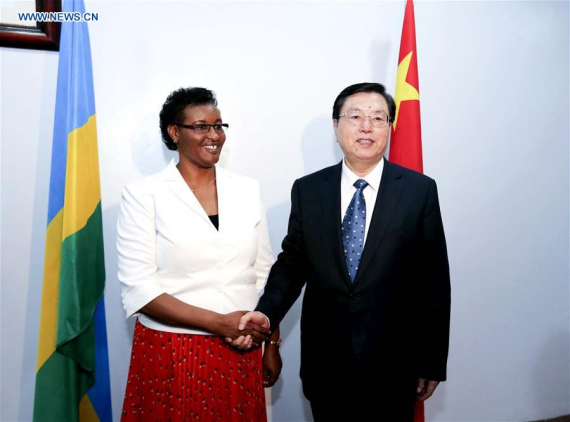 Zhang Dejiang (R), chairman of the Standing Committee of China's National People's Congress (NPC), holds talks with Rwandan Speaker of Chamber of Deputies Donatille Mukabalisa in Kigali, Rwanda, March 22, 2016. Zhang paid an official goodwill visit to Rwanda on March 22-23.(Photo: Xinhua/Ding Lin) Zhang Dejiang (R), chairman of the Standing Committee of China's National People's Congress (NPC), holds talks with Rwandan Speaker of Chamber of Deputies Donatille Mukabalisa in Kigali, Rwanda, March 22, 2016. Zhang paid an official goodwill visit to Rwanda on March 22-23.(Photo: Xinhua/Ding Lin)
