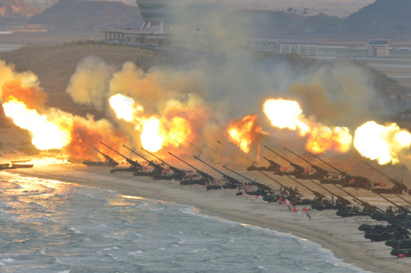The Democratic People's Republic of Korea (DPRK) conducts a large-scale striking exercise of long-range artillery March 25, 2016, Friday. (Photo/Xinhua)