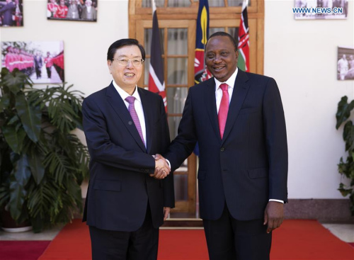 Zhang Dejiang (L), chairman of the Standing Committee of China's National People's Congress (NPC), meets with Kenyan President Uhuru Kenyatta in Nairobi, Kenya, March 24, 2016. Zhang paid an official goodwill visit to Kenya on March 23-26. (Xinhua/Ma Zhancheng) Zhang Dejiang (L), chairman of the Standing Committee of China's National People's Congress (NPC), meets with Kenyan President Uhuru Kenyatta in Nairobi, Kenya, March 24, 2016. Zhang paid an official goodwill visit to Kenya on March 23-26. (Xinhua/Ma Zhancheng)