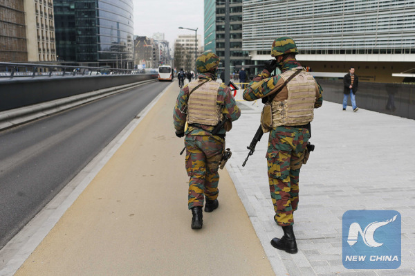 Belgian soldiers partorl outside the EU headquarters in Brussels, Belgium, on March 22, 2016. (Xinhua/Zhou Lei) Belgian soldiers partorl outside the EU headquarters in Brussels, Belgium, on March 22, 2016. (Xinhua/Zhou Lei)